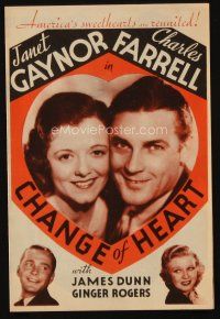 9z366 CHANGE OF HEART herald '34 Manhattan sweethearts Janet Gaynor & Charles Farrell!