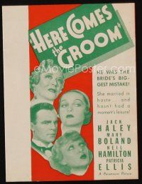 9z433 HERE COMES THE GROOM herald '34 Jack Haley was bride Mary Boland's biggest mistake!