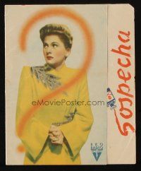 9z295 SUSPICION Spanish herald '42 Alfred Hitchcock, different image of Joan Fontaine!