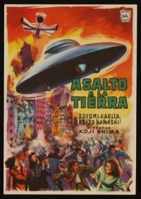 9z321 WARNING FROM SPACE Spanish herald '56 Japanese sci-fi, cool art of UFO attacking city!