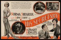 9z435 HIS SECRETARY herald '25 pretty Norma Shearer & Lew Cody in early office romance comedy!