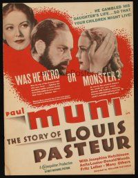 9z555 STORY OF LOUIS PASTEUR herald '36 great image of Paul Muni in the title role!