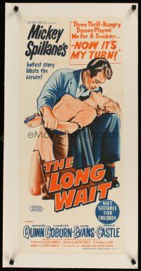 1a189 LONG WAIT linen Aust daybill '54 Mickey Spillane, Anthony Quinn, Peggie Castle, stone litho!