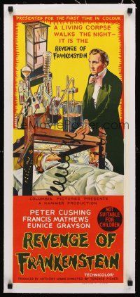 1a190 REVENGE OF FRANKENSTEIN linen Aust daybill '69 Peter Cushing, cool different stone litho!