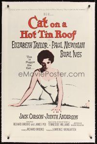 1a284 CAT ON A HOT TIN ROOF linen 1sh R66 classic art of Elizabeth Taylor as Maggie the Cat!