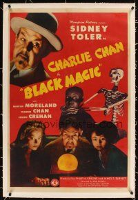 1a286 CHARLIE CHAN IN BLACK MAGIC linen 1sh '44 Sidney Toler, wacky Mantan Moreland & skeleton!