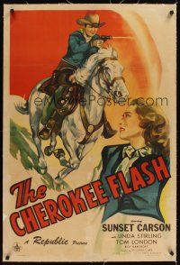 1a287 CHEROKEE FLASH linen 1sh '45 cool art of cowboy Sunset Carson shooting gun on horseback!