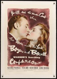 1a300 CONFIDENTIAL AGENT linen 1sh '45 romantic c/u of Charles Boyer kissing Lauren Bacall!