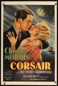 1a302 CORSAIR linen 1sh R37 great romantic art of Chester Morris about to kiss pretty Thelma Todd!