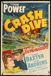 1a303 CRASH DIVE linen 1sh '43 stone litho of Tyrone Power & Anne Baxter + burning submarine!