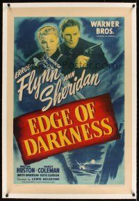1a318 EDGE OF DARKNESS linen 1sh '42 great image of Errol Flynn & Ann Sheridan, both pointing guns!