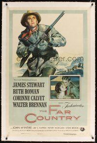 1a331 FAR COUNTRY linen 1sh '55 cool art of James Stewart with rifle, directed by Anthony Mann!