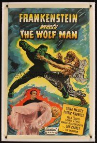 1a337 FRANKENSTEIN MEETS THE WOLF MAN linen 1sh R49 best art of Bela Lugosi & Lon Chaney Jr.!