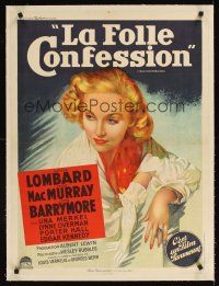 1a119 TRUE CONFESSION linen French 23x32 '37 different stone litho of sexy Carole Lombard!