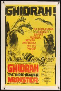 1a344 GHIDRAH THE THREE HEADED MONSTER linen 1sh '65 Toho, he battles Godzilla, Mothra, and Rodan!