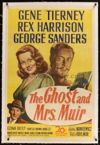 1a346 GHOST & MRS. MUIR linen 1sh '47 art of Gene Tierney, Rex Harrison & George Sanders!