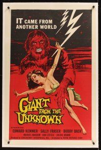 1a349 GIANT FROM THE UNKNOWN linen 1sh '58 art of wacky monster Buddy Baer grabbing near-naked girl!
