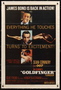 1a352 GOLDFINGER linen 1sh '64 3 great images of Sean Connery as James Bond + golden Shirley Eaton!