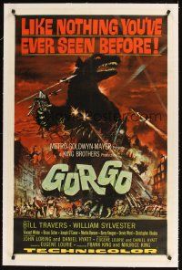 1a355 GORGO linen 1sh '61 great artwork of giant monster terrorizing city by Joseph Smith!