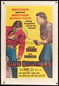 1a366 GUN BROTHERS linen 1sh '56 Buster Crabbe is shot by brother Neville Brand at close range!