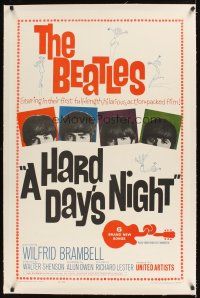 1a369 HARD DAY'S NIGHT linen 1sh '64 great image of The Beatles, rock & roll classic!