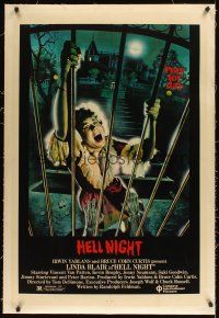 1a373 HELL NIGHT linen 1sh '81 artwork of Linda Blair trying to escape haunted house by Jarvis!