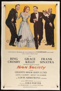 1a378 HIGH SOCIETY linen 1sh '80s art of Frank Sinatra, Bing Crosby, Grace Kelly & Louis Armstrong!