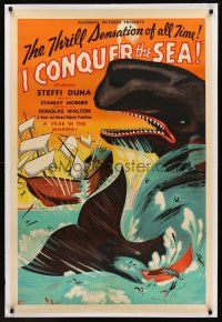 1a388 I CONQUER THE SEA linen 1sh '36 incredible art of giant whale attacking ship at sea!