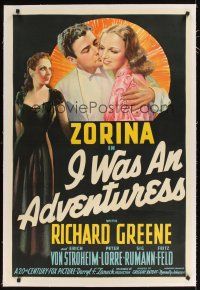 1a390 I WAS AN ADVENTURESS linen 1sh '40 full-length stone litho of Vera Zorina, Richard Greene