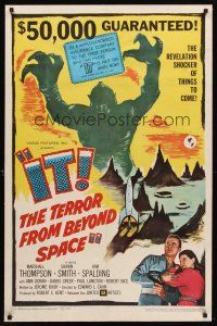 1a394 IT! THE TERROR FROM BEYOND SPACE linen 1sh '58 great art of wacky monster with victim!