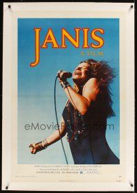 1a395 JANIS linen 1sh '75 c/u of Joplin singing into microphone by Jim Marshall, rock & roll!