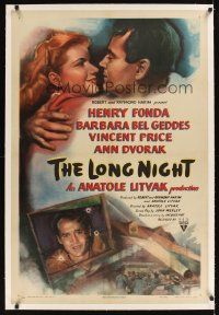 1a405 LONG NIGHT linen 1sh '47 cool noir artwork of Henry Fonda & Barbara Bel Geddes!