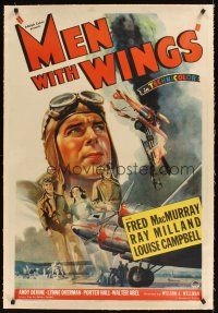1a414 MEN WITH WINGS linen 1sh '38 William Wellman, great art of pilot Fred MacMurray & airplane!