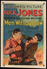 1a415 MEN WITHOUT LAW linen 1sh '30 art of Buck Jones fighting, whirlwind all talking western!