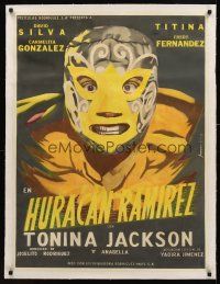 1a093 HURACAN RAMIREZ linen Mexican poster R60s wonderful Juanino art of fierce masked wrestler!