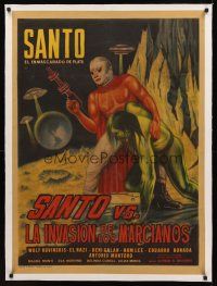 1a096 SANTO VS. LA INVASION DE LOS MARCIANOS linen Mexican poster '67 masked wrestler in space!