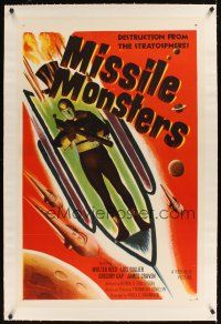 1a420 MISSILE MONSTERS linen 1sh '58 aliens bring destruction from the stratosphere, wacky art!