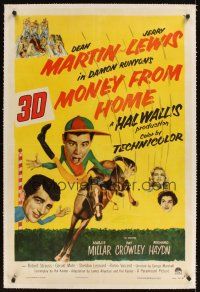 1a422 MONEY FROM HOME linen 1sh '54 3-D Dean Martin & horse jockey Jerry Lewis!