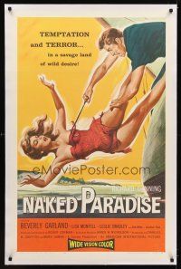 1a426 NAKED PARADISE linen 1sh '57 art of super sexy falling Beverly Garland caught by hook!