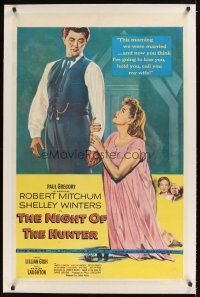 1a430 NIGHT OF THE HUNTER linen 1sh '55 Robert Mitchum, Shelley Winters, Charles Laughton classic!