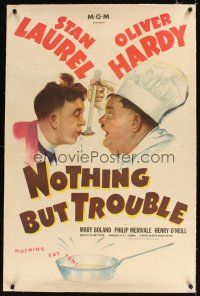 1a433 NOTHING BUT TROUBLE linen 1sh '45 great art of Stan Laurel & chef Oliver Hardy!