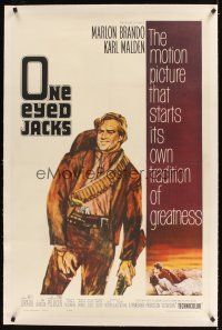 1a438 ONE EYED JACKS linen 1sh '61 great art of star & director Marlon Brando with gun & bandolier!