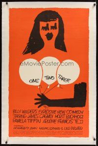 1a440 ONE, TWO, THREE linen 1sh '62 Billy Wilder, wonderful Saul Bass art of girl with balloons!