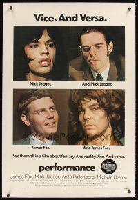1a445 PERFORMANCE linen 1sh '70 directed by Nicolas Roeg, Mick Jagger & James Fox trading roles!