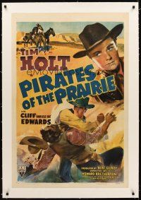1a449 PIRATES OF THE PRAIRIE linen 1sh '42 cool artwork of fighting cowboy Tim Holt!