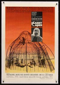 1a450 PLANET OF THE APES linen 1sh '68 Charlton Heston, classic sci-fi, cool image of caged humans!