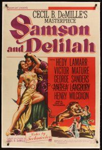 1a462 SAMSON & DELILAH linen 1sh '49 art of Hedy Lamarr & Victor Mature, Cecil B. DeMille!