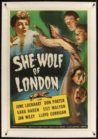 1a472 SHE-WOLF OF LONDON linen 1sh '46 cool art of spooky female hooded phantom + cast headshots!