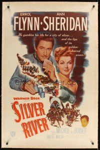 1a475 SILVER RIVER linen 1sh '48 Errol Flynn gambles for his life & sexiest Ann Sheridan!