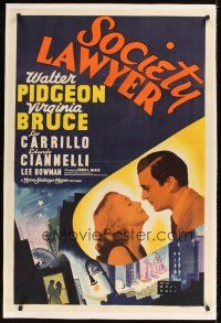 1a478 SOCIETY LAWYER linen 1sh '39 romantic c/u of Walter Pidgeon & Virginia Bruce, cool artwork!